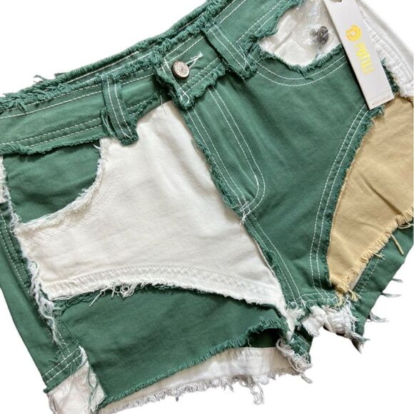 Potili High Waisted Distressed Color Block Denim Shorts size 8 - Picture 5 of 14